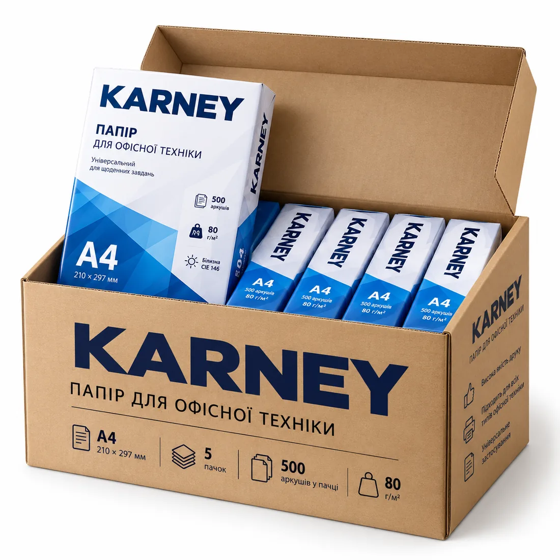 Коробка паперу KARNEY A4: п’ять пачок по 500 аркушів